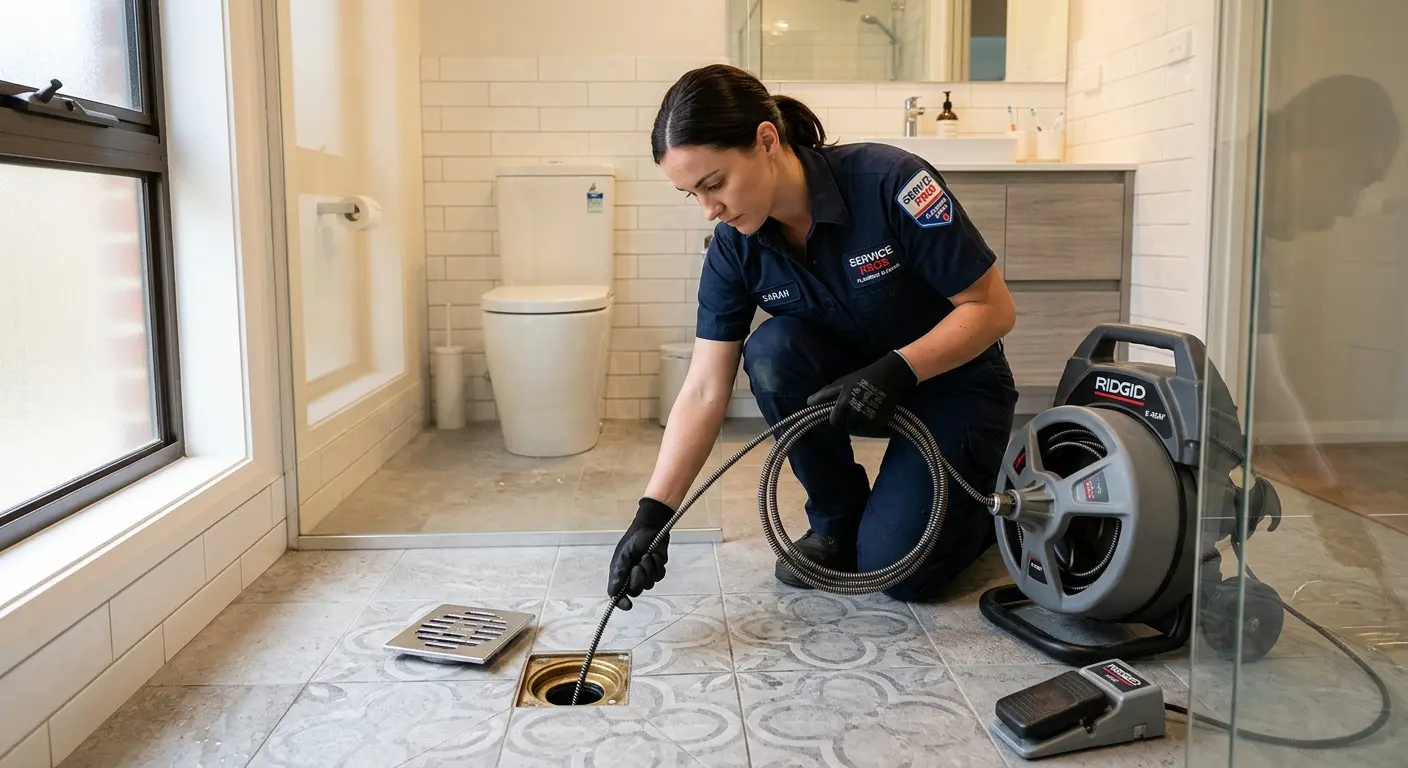 Technician clearing a bathroom floor drain for Drain Repair in Rifle